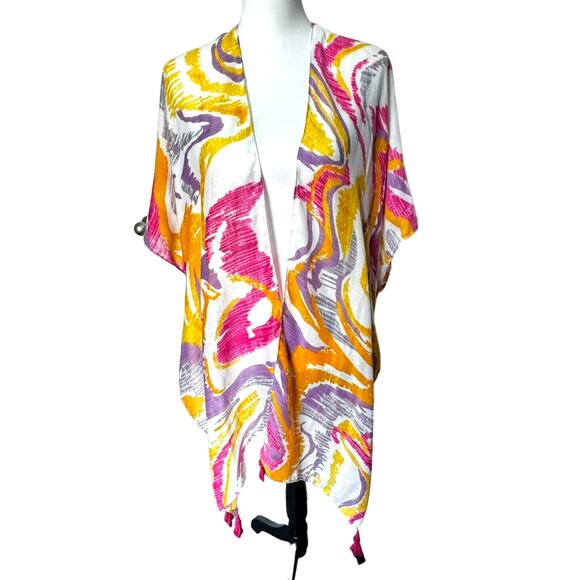 DO EVERYTHING IN LOVE NWT Pink Yellow Long Open Swim Cover Up Kaftan Kimono Boho - Picture 1 of 9